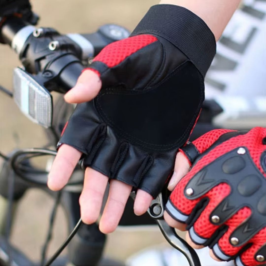 Breathable RED Half Finger Sport Gloves with Reflective Strips - Wear-Resistant Non-Slip Cycling & Motorbike Gloves Unisex HG-1 Bike Riding Racing Light Summer Bicycle Gear Mesh Design Tactical