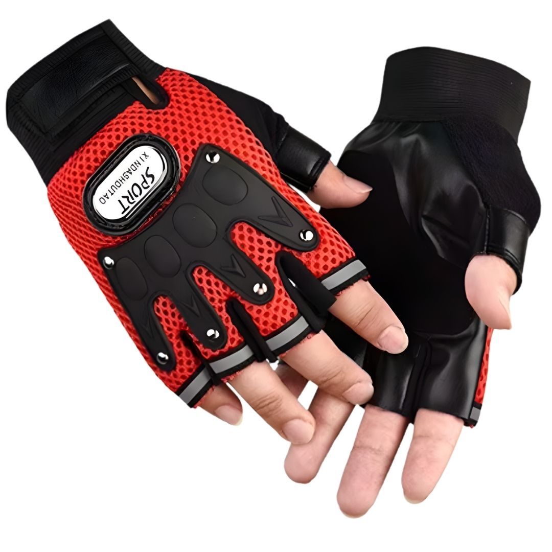 Breathable RED Half Finger Sport Gloves with Reflective Strips - Wear-Resistant Non-Slip Cycling & Motorbike Gloves Unisex HG-1 Bike Riding Racing Light Summer Bicycle Gear Mesh Design Tactical