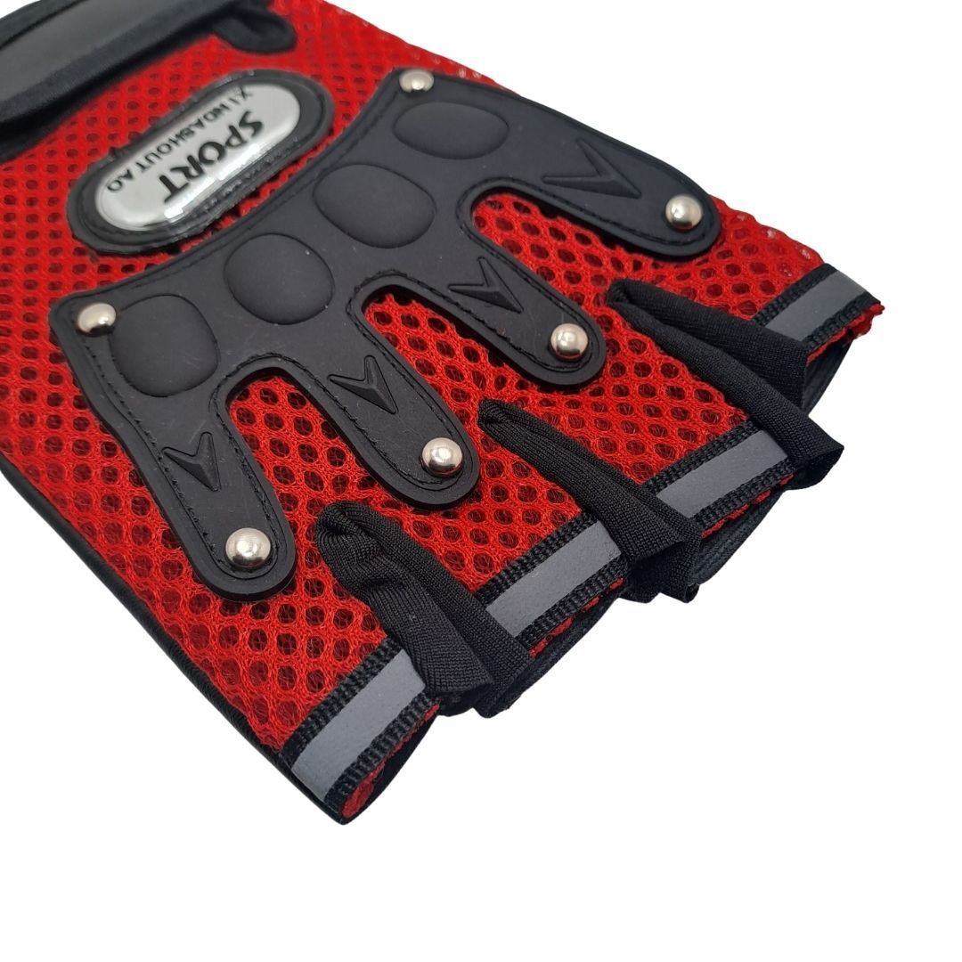 Breathable RED Half Finger Sport Gloves with Reflective Strips - Wear-Resistant Non-Slip Cycling & Motorbike Gloves Unisex HG-1 Bike Riding Racing Light Summer Bicycle Gear Mesh Design Tactical