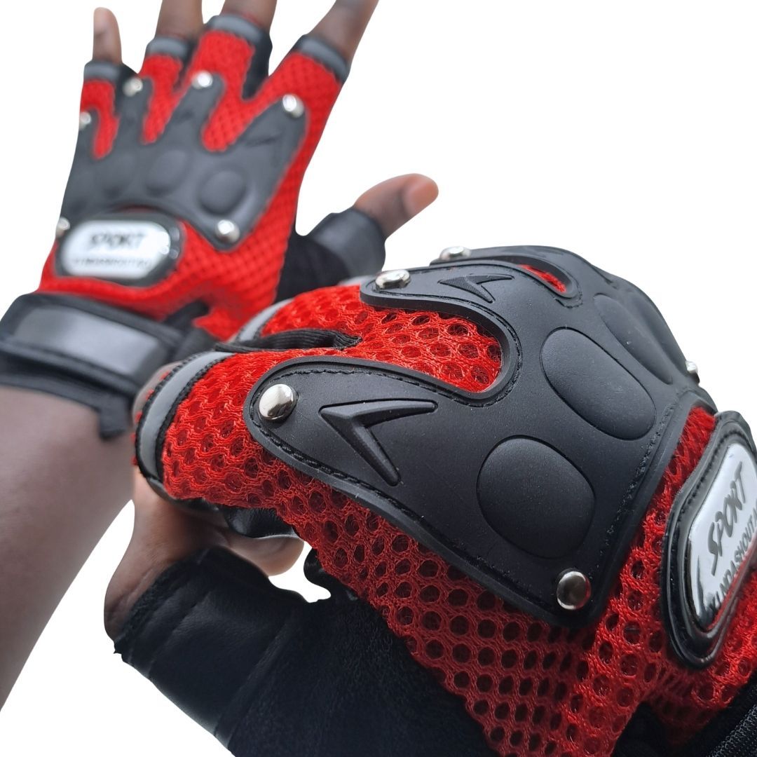 Breathable RED Half Finger Sport Gloves with Reflective Strips - Wear-Resistant Non-Slip Cycling & Motorbike Gloves Unisex HG-1 Bike Riding Racing Light Summer Bicycle Gear Mesh Design Tactical