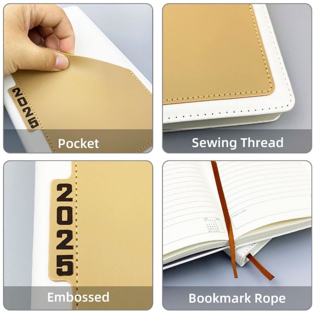 2026 Diary Executive PU Leather A5 Daily Planner & Organizer White Hardcover Executive Journal with Pocket, Customizable Business New Year Gift Official Calendar Office Corporate Schedule Personal 365