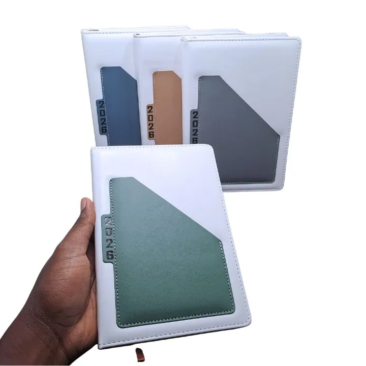 Premium 2026 Diary A5 Daily Planner White PU Leather Hard Cover Executive Journal with Pocket Pouch New Year Classic Design Official Christmas Boxing Day Valentines Birthday 365 Calendar Office