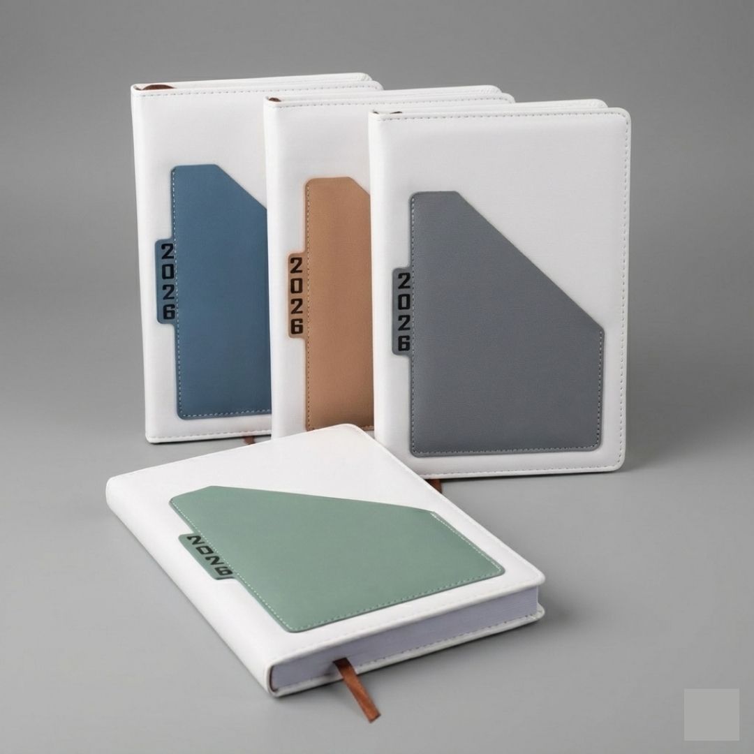 Premium 2026 Diary A5 Daily Planner White PU Leather Hard Cover Executive Journal with Pocket Pouch New Year Classic Design Official Christmas Boxing Day Valentines Birthday 365 Calendar Office