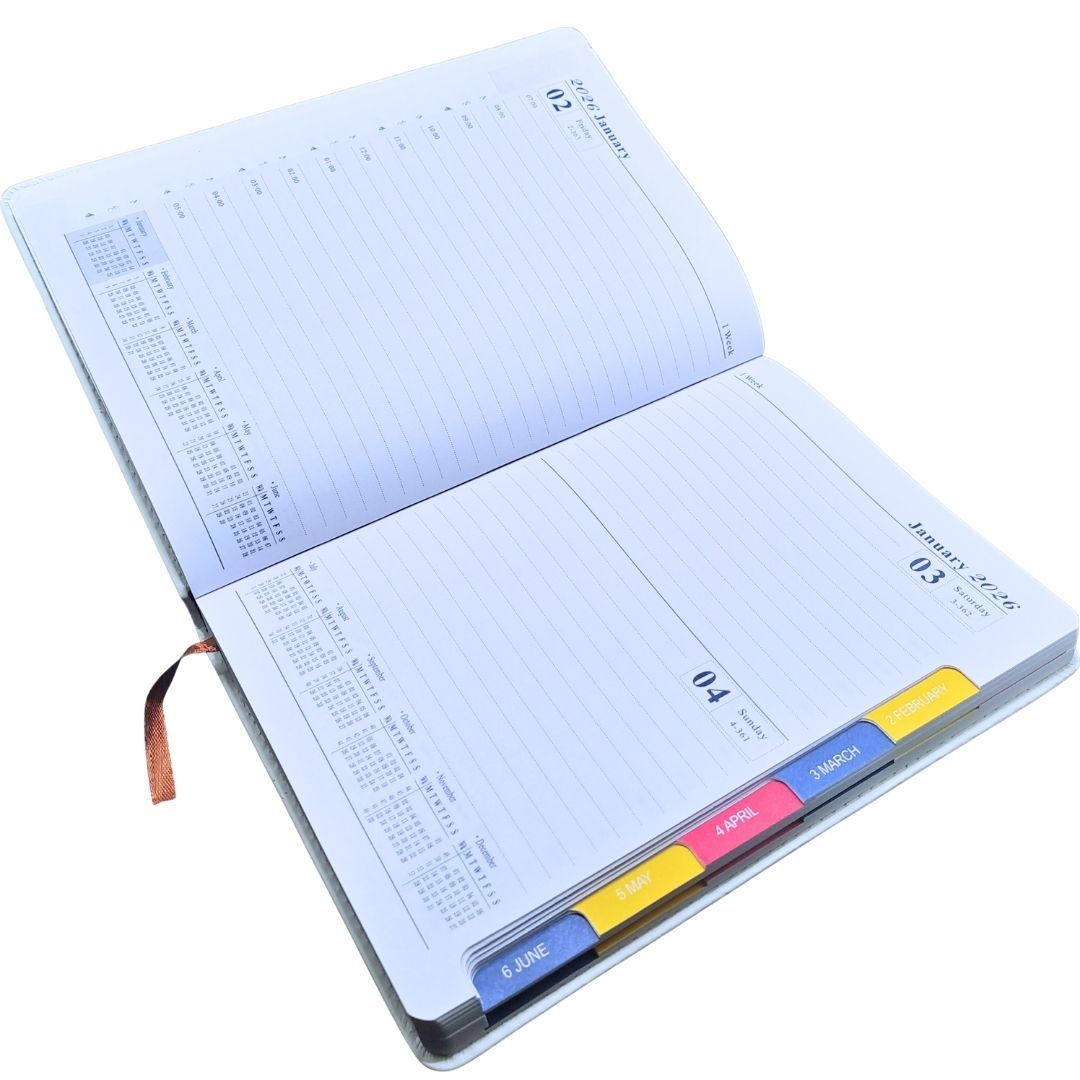 Premium 2026 Diary A5 Daily Planner White PU Leather Hard Cover Executive Journal with Pocket Pouch New Year Classic Design Official Christmas Boxing Day Valentines Birthday 365 Calendar Office