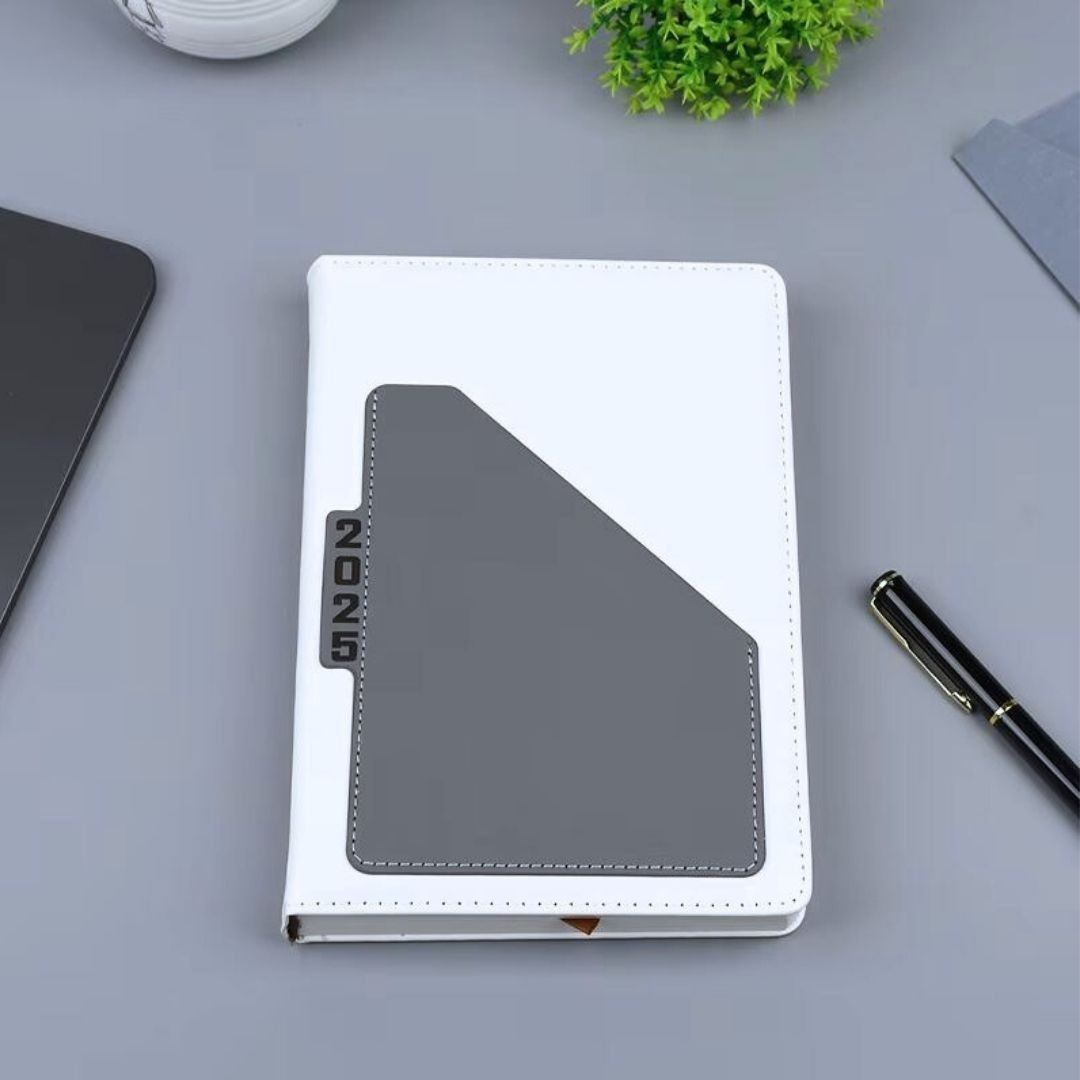 2026 Diary A5 Premium PU Leather Daily Planner GREY Hardcover Business Journal with Pocket Pouch Weekly Goals Bookmark & Calendar Organizer White Classic Design Official Calendar Office Schedule GRAY