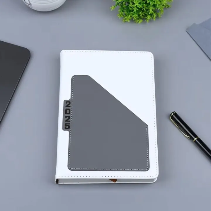 2026 Diary A5 Premium PU Leather Daily Planner GREY Hardcover Business Journal with Pocket Pouch Weekly Goals Bookmark & Calendar Organizer White Classic Design Official Calendar Office Schedule GRAY