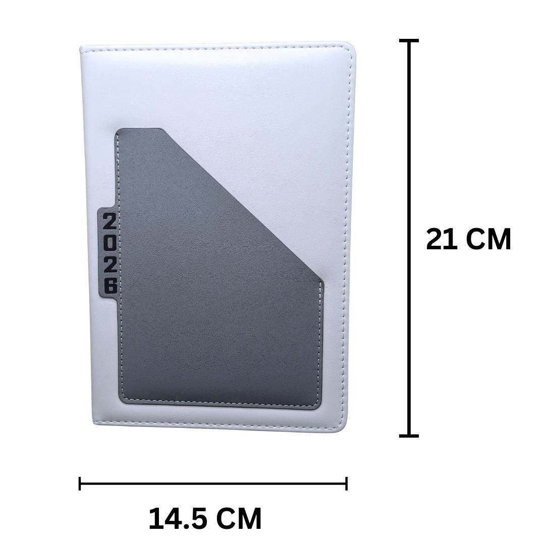 2026 Diary A5 Premium PU Leather Daily Planner GREY Hardcover Business Journal with Pocket Pouch Weekly Goals Bookmark & Calendar Organizer White Classic Design Official Calendar Office Schedule GRAY