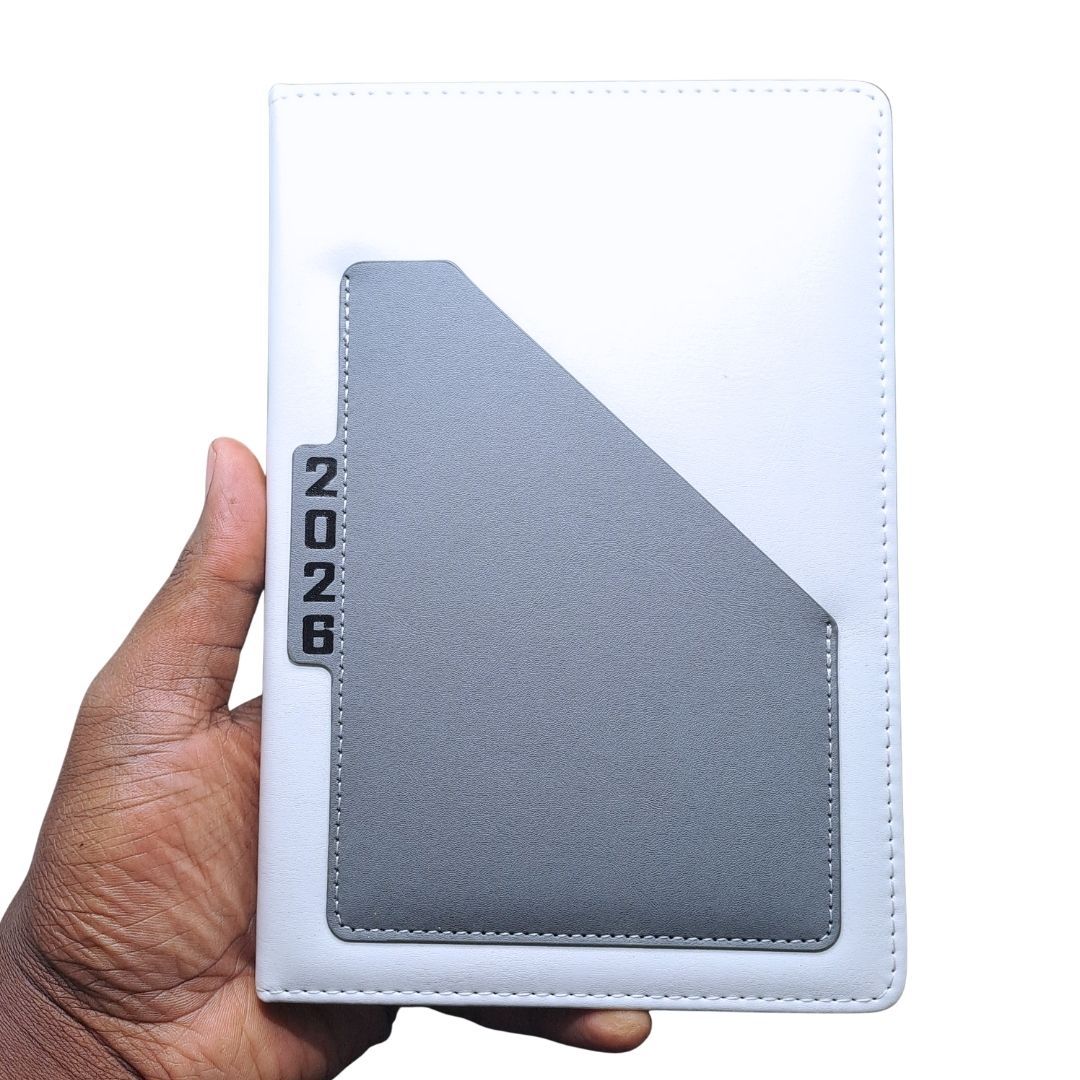 2026 Diary A5 Premium PU Leather Daily Planner GREY Hardcover Business Journal with Pocket Pouch Weekly Goals Bookmark & Calendar Organizer White Classic Design Official Calendar Office Schedule GRAY