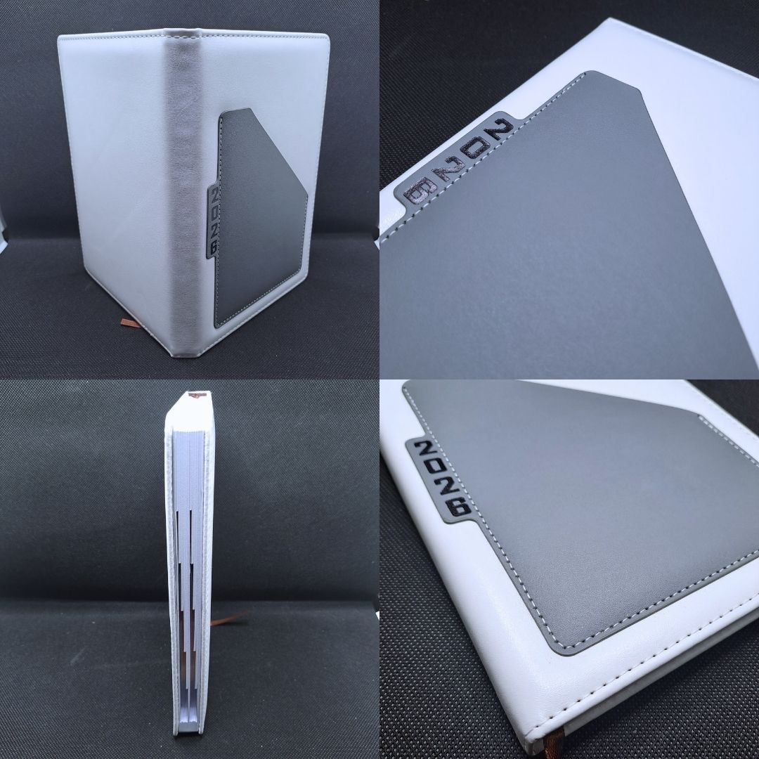 2026 Diary A5 Premium PU Leather Daily Planner GREY Hardcover Business Journal with Pocket Pouch Weekly Goals Bookmark & Calendar Organizer White Classic Design Official Calendar Office Schedule GRAY