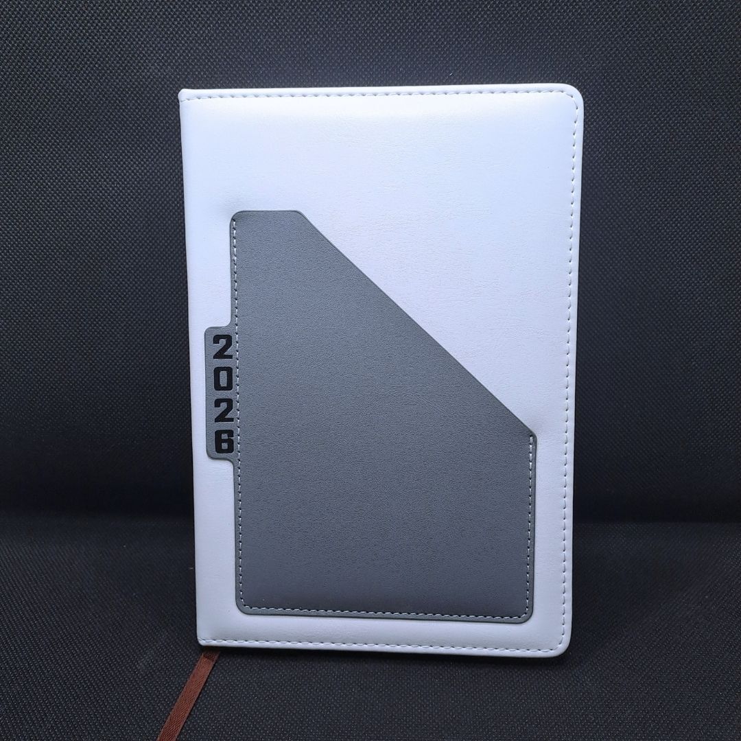 Executive 2026 Diary A5 PU Leather Planner GREY White Hardcover Daily Journal Notebook with Pocket & Calendar Gift Cover Classic Design GRAY Christmas Boxing Day New Year Valentines Birthday 365