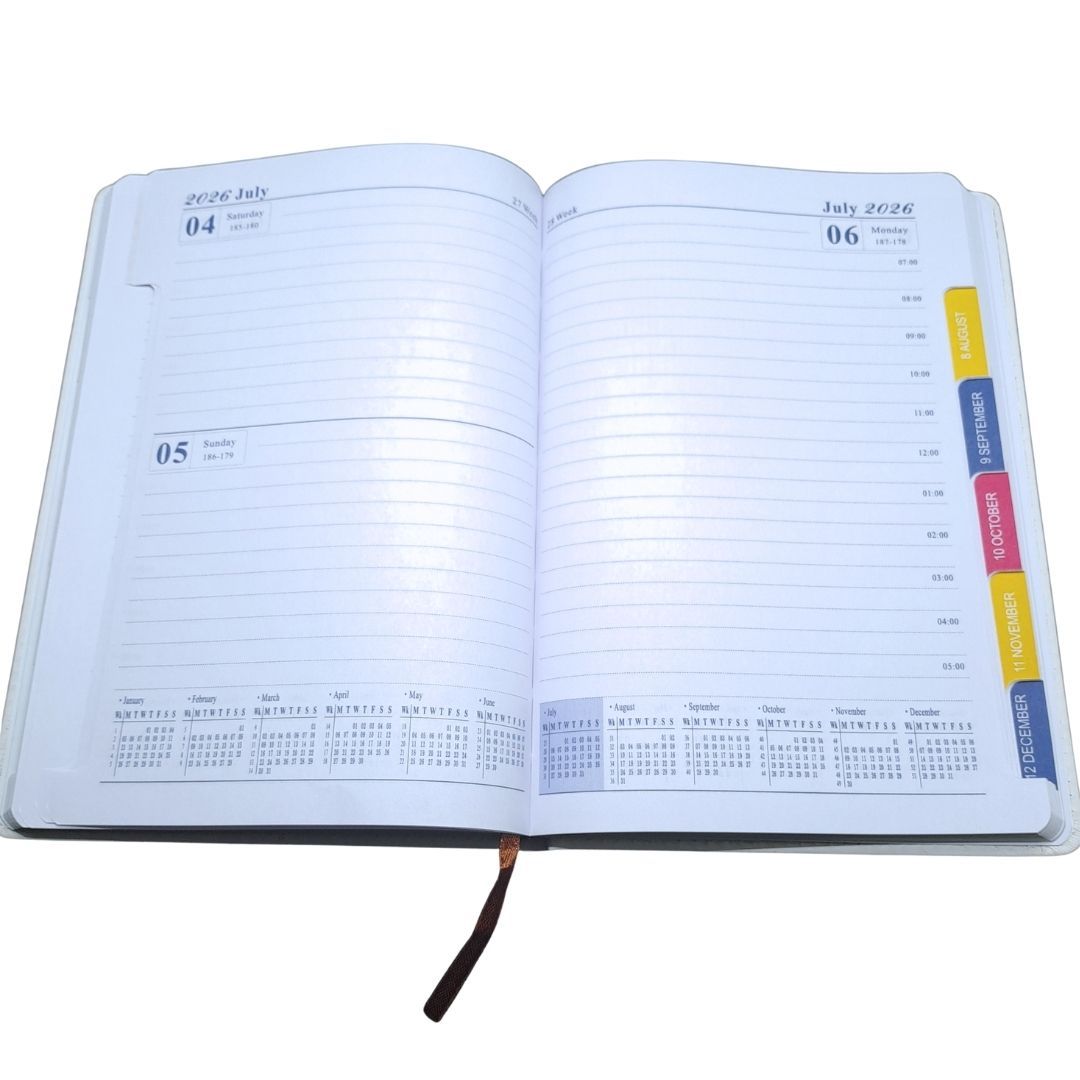 Executive 2026 Diary A5 PU Leather Planner GREY White Hardcover Daily Journal Notebook with Pocket & Calendar Gift Cover Classic Design GRAY Christmas Boxing Day New Year Valentines Birthday 365