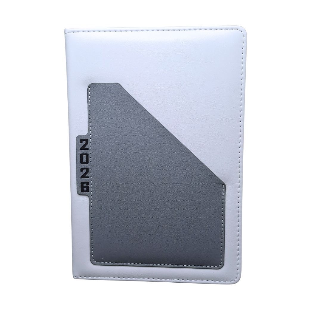 2026 Diary Executive PU Leather A5 GREY Daily Planner & Organizer White Hardcover Executive Journal with Pocket, Customizable GRAY New Year Gift Official Calendar Office Corporate Schedule Personal