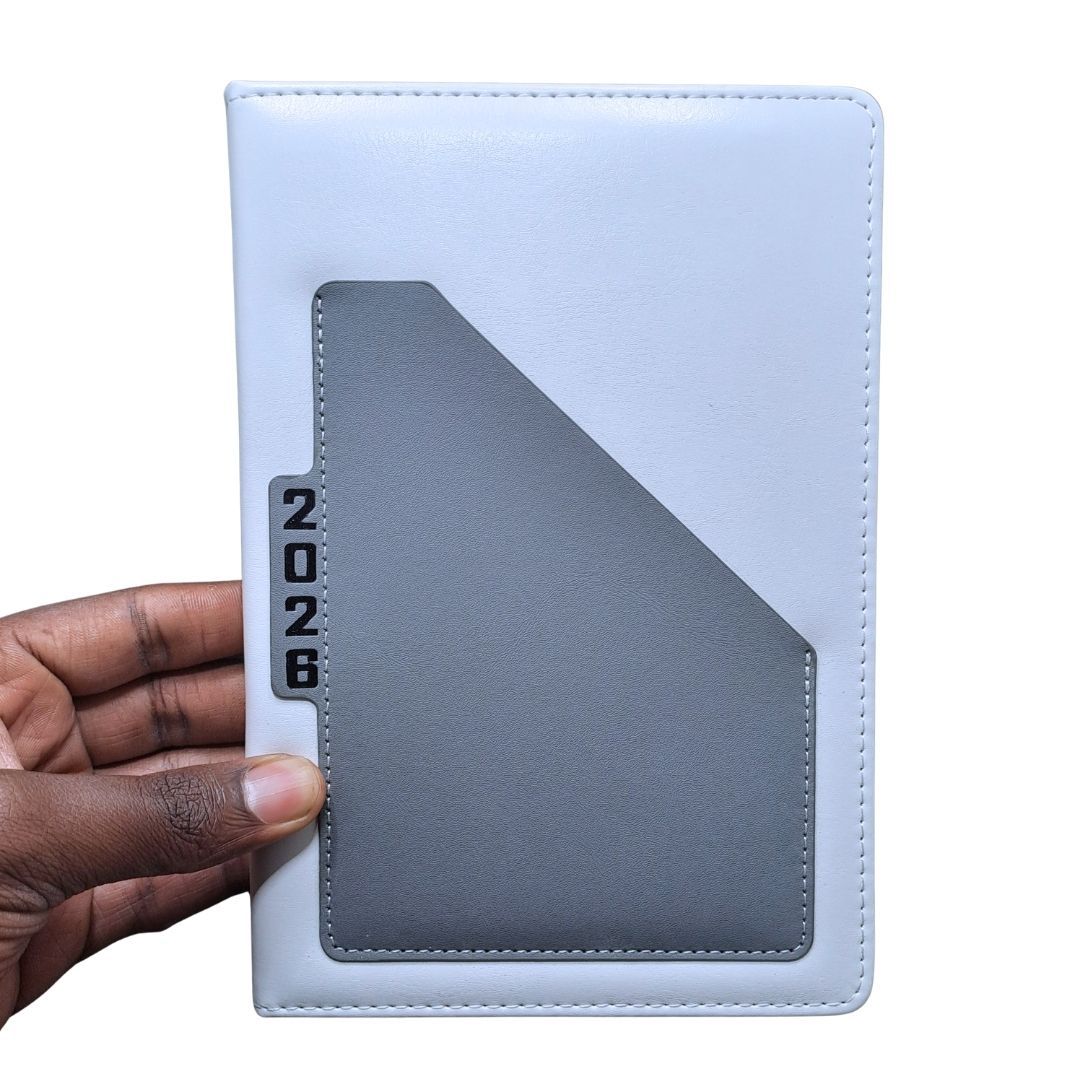 2026 Diary Executive PU Leather A5 GREY Daily Planner & Organizer White Hardcover Executive Journal with Pocket, Customizable GRAY New Year Gift Official Calendar Office Corporate Schedule Personal