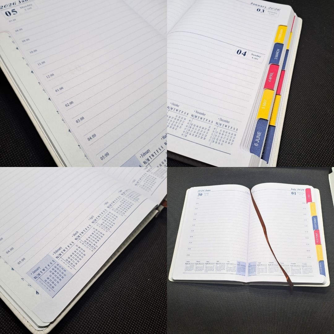 2026 Diary Executive PU Leather A5 GREY Daily Planner & Organizer White Hardcover Executive Journal with Pocket, Customizable GRAY New Year Gift Official Calendar Office Corporate Schedule Personal