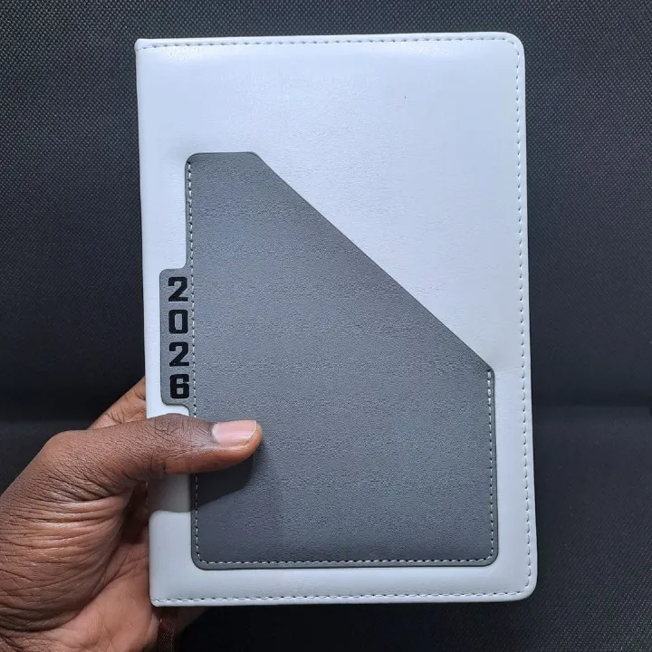 Premium 2026 Diary A5 Daily Planner GREY White PU Leather Hard Cover Executive Journal with Pocket Pouch New Year Classic Design Official Christmas Boxing Day Valentines Birthday 365 Calendar GRAY