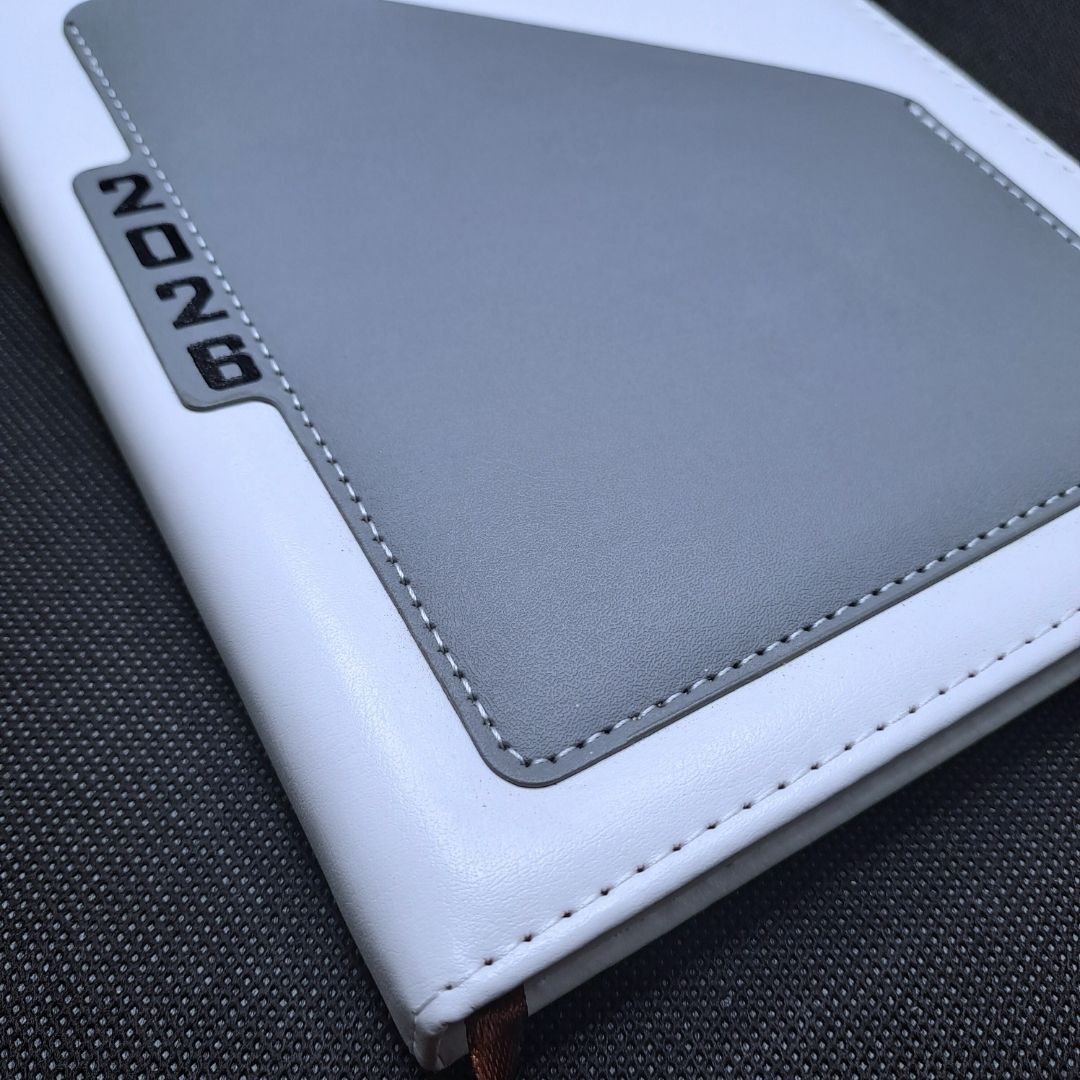 Premium 2026 Diary A5 Daily Planner GREY White PU Leather Hard Cover Executive Journal with Pocket Pouch New Year Classic Design Official Christmas Boxing Day Valentines Birthday 365 Calendar GRAY