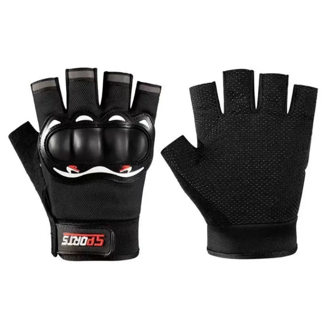 Pro Half Gloves Finger Tactical Riding Anti-Slip Studded Palm & Rubber Knuckle Guard BLACK HG-2 Sports Cycling Racing Fitness Gym Motorcycle Motorbike Reflective Strips Unisex MTB Soft Outdoor