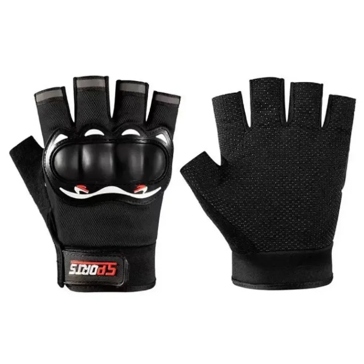 Pro Half Gloves Finger Tactical Riding Anti-Slip Studded Palm & Rubber Knuckle Guard BLACK HG-2 Sports Cycling Racing Fitness Gym Motorcycle Motorbike Reflective Strips Unisex MTB Soft Outdoor