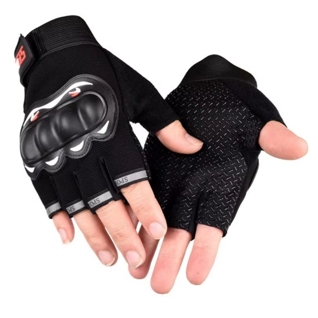 Pro Half Gloves Finger Tactical Riding Anti-Slip Studded Palm & Rubber Knuckle Guard BLACK HG-2 Sports Cycling Racing Fitness Gym Motorcycle Motorbike Reflective Strips Unisex MTB Soft Outdoor