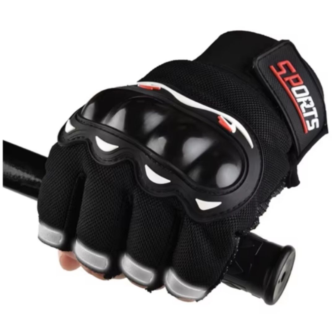 Pro Half Gloves Finger Tactical Riding Anti-Slip Studded Palm & Rubber Knuckle Guard BLACK HG-2 Sports Cycling Racing Fitness Gym Motorcycle Motorbike Reflective Strips Unisex MTB Soft Outdoor