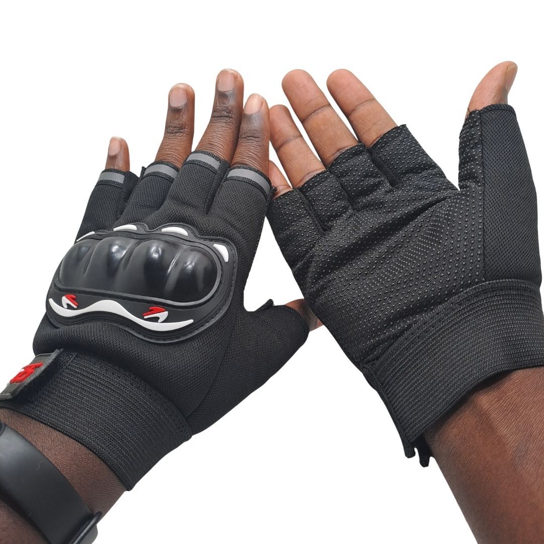 Pro Half Gloves Finger Tactical Riding Anti-Slip Studded Palm & Rubber Knuckle Guard BLACK HG-2 Sports Cycling Racing Fitness Gym Motorcycle Motorbike Reflective Strips Unisex MTB Soft Outdoor