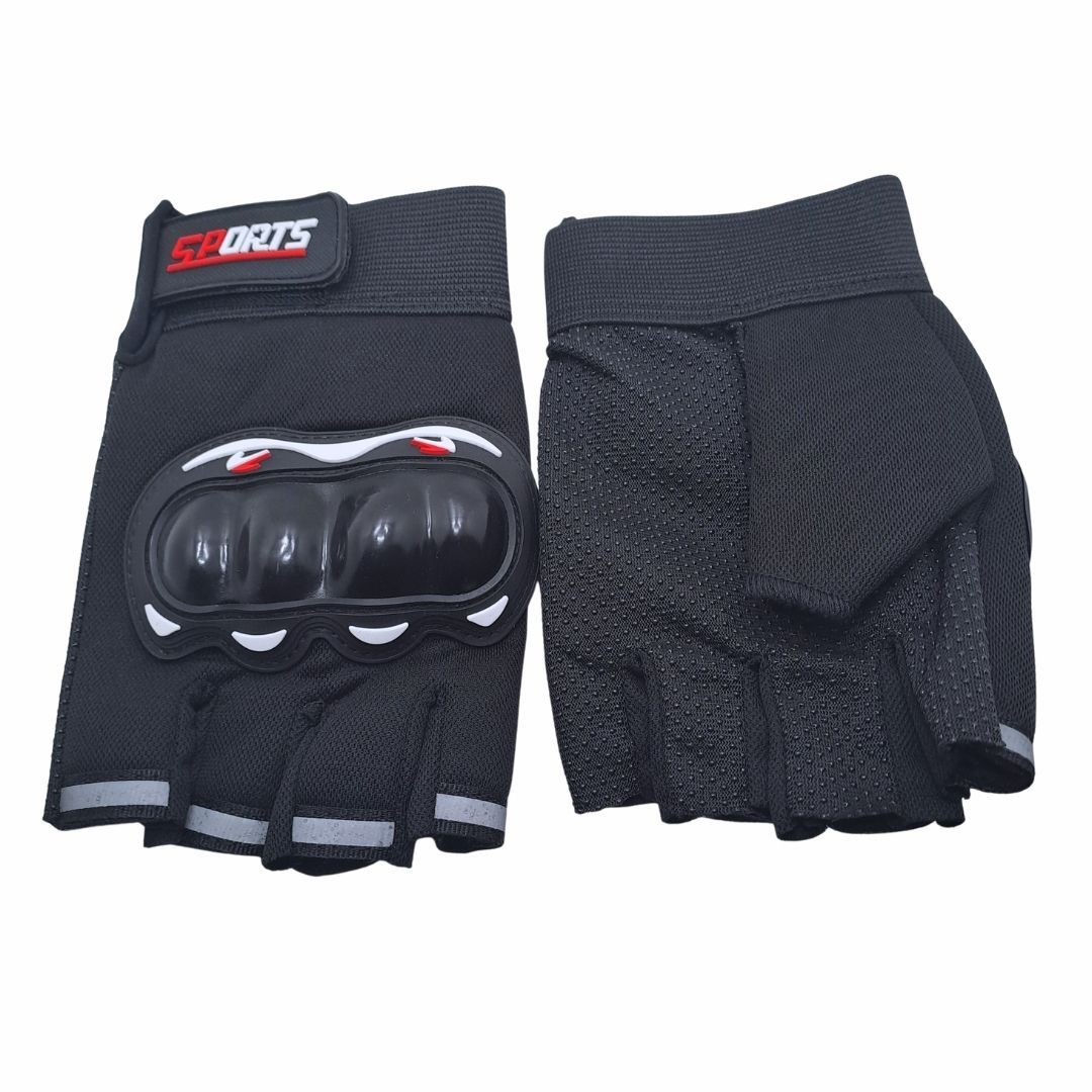 Pro Half Gloves Finger Tactical Riding Anti-Slip Studded Palm & Rubber Knuckle Guard BLACK HG-2 Sports Cycling Racing Fitness Gym Motorcycle Motorbike Reflective Strips Unisex MTB Soft Outdoor