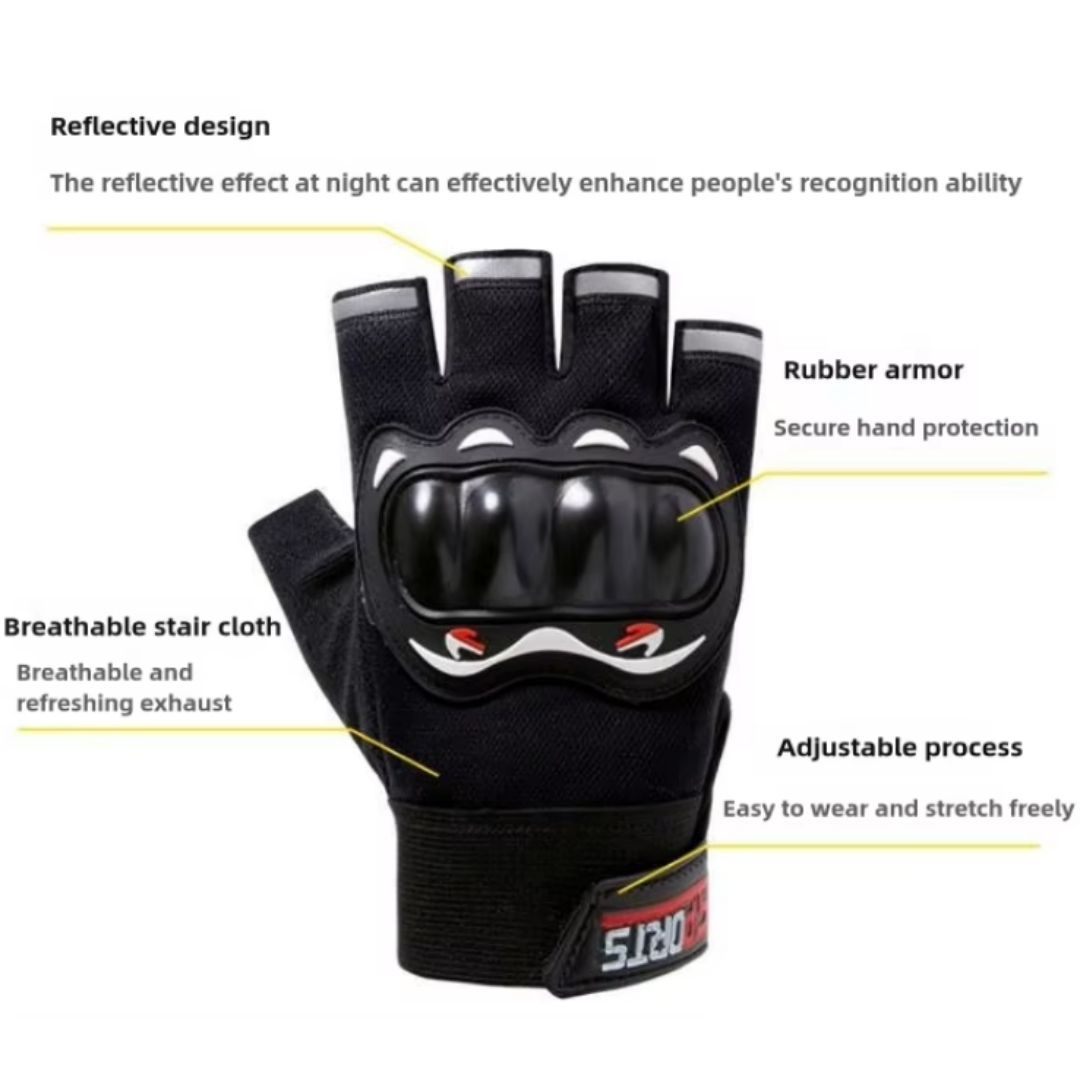 Pro Half Gloves Finger Tactical Riding Anti-Slip Studded Palm & Rubber Knuckle Guard BLACK HG-2 Sports Cycling Racing Fitness Gym Motorcycle Motorbike Reflective Strips Unisex MTB Soft Outdoor