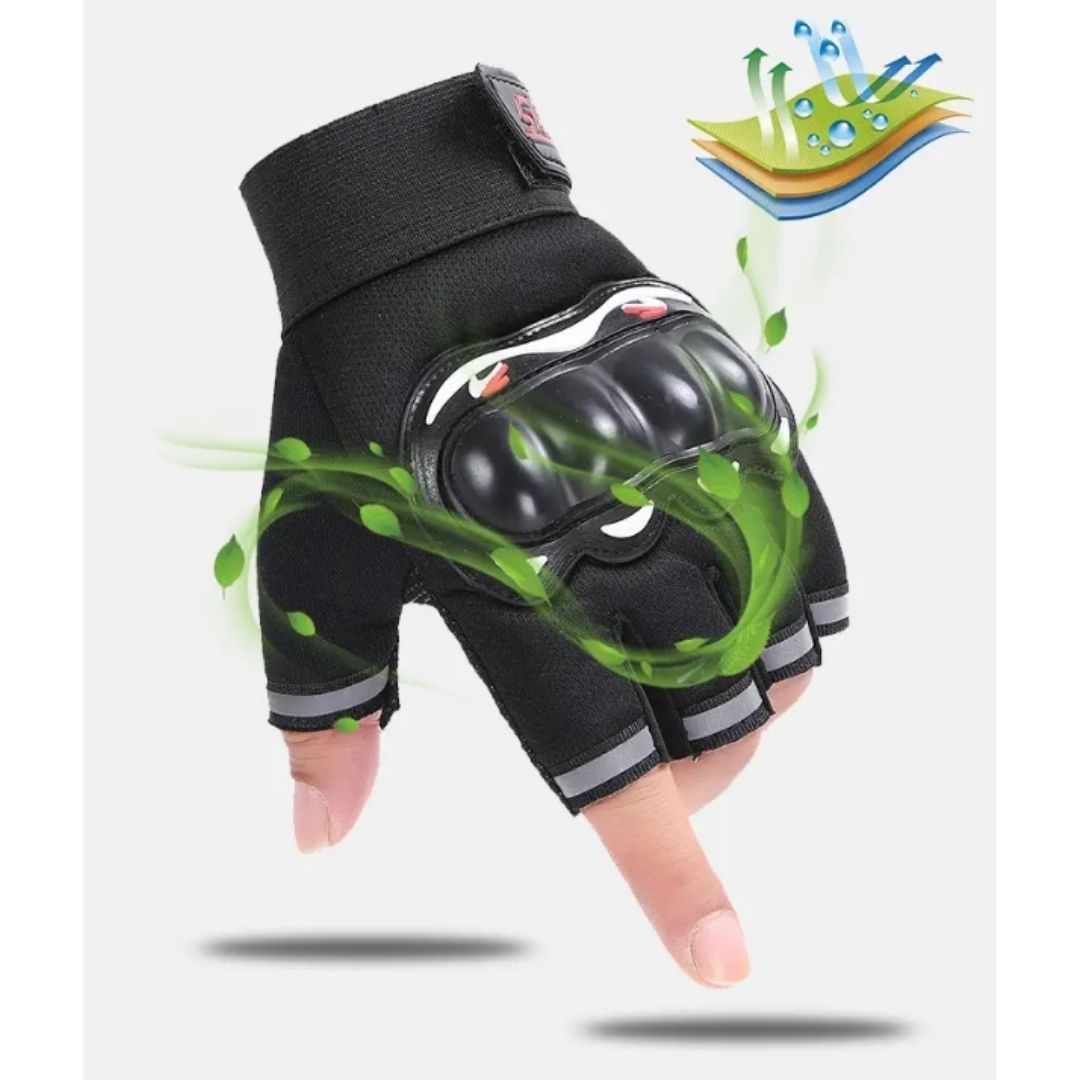 Pro Half Gloves Finger Tactical Riding Anti-Slip Studded Palm & Rubber Knuckle Guard BLACK HG-2 Sports Cycling Racing Fitness Gym Motorcycle Motorbike Reflective Strips Unisex MTB Soft Outdoor