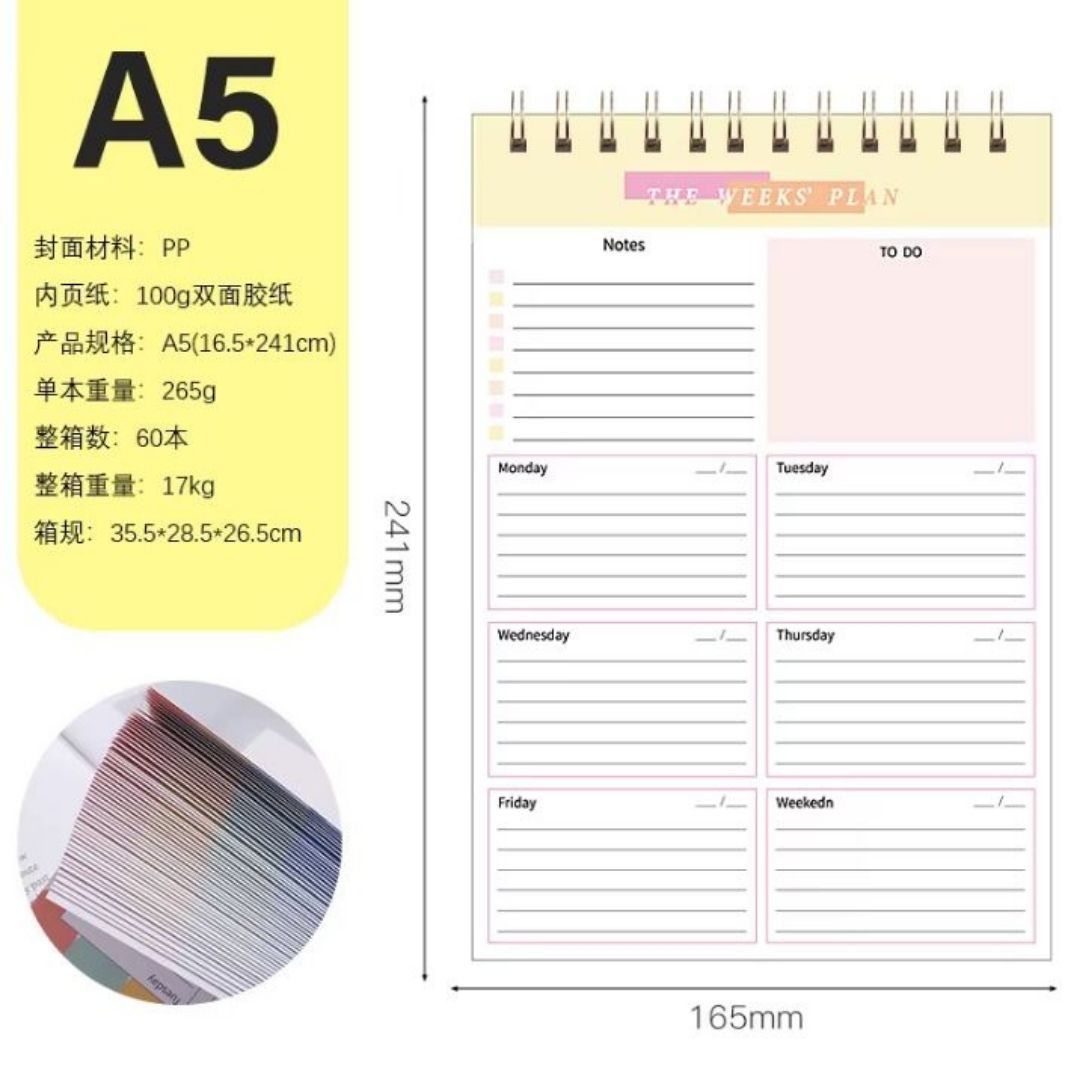 B5 Undated Weekly Planner Organizer 52-Sheet Spiral PORTRAIT Desktop Notepad with Habit Tracker Personal Journal Daily Agenda To Do List Memo Time Management Self Improvement Calendar Diary School