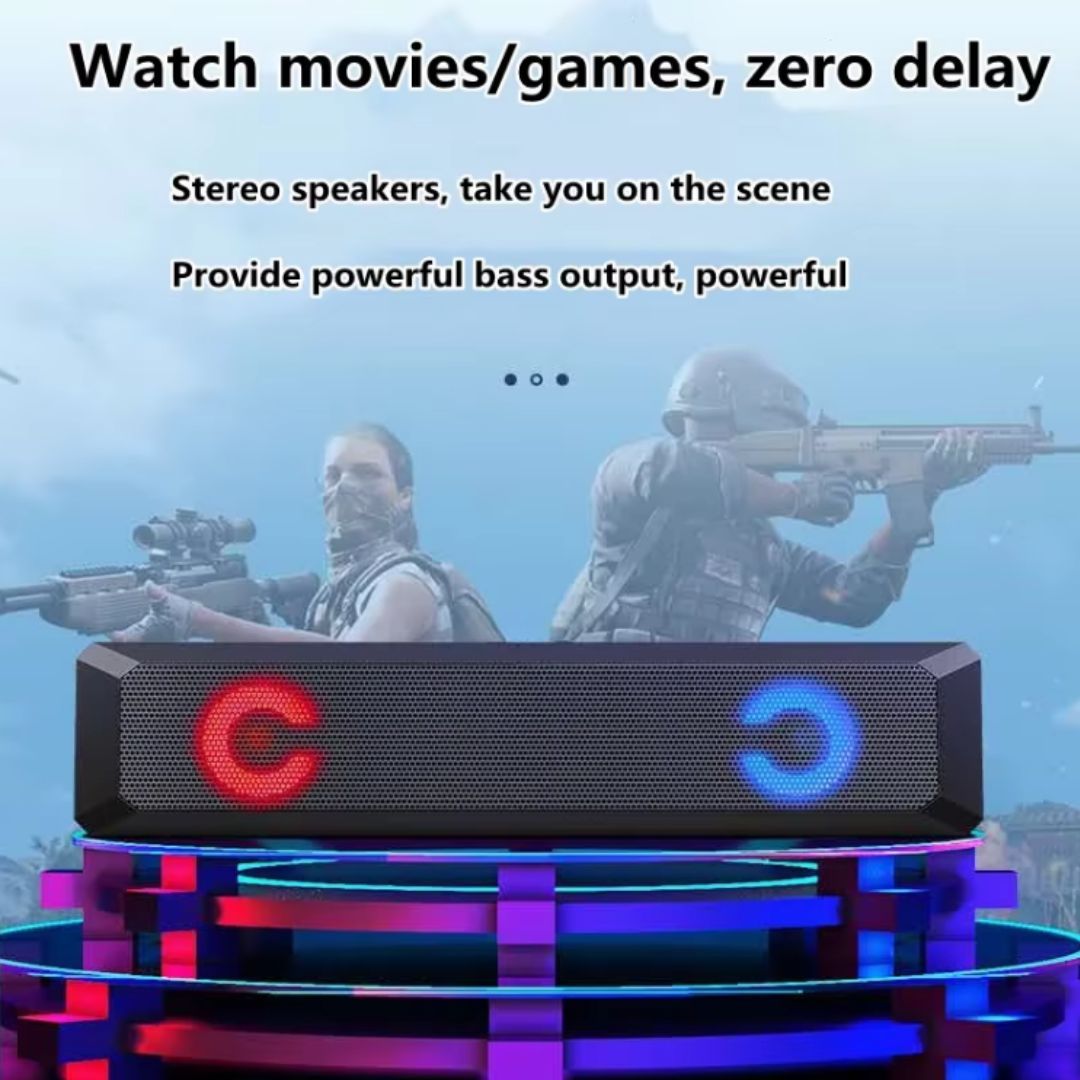 A4 RGB Bluetooth Soundbar – Wireless LED Speaker with Colorful Lights USB Rechargeable Portable Subwoofer Bar for Gaming TV Smartphone Laptop Desk & Outdoor Use 6W Theater 7 Color Changing Sound Music