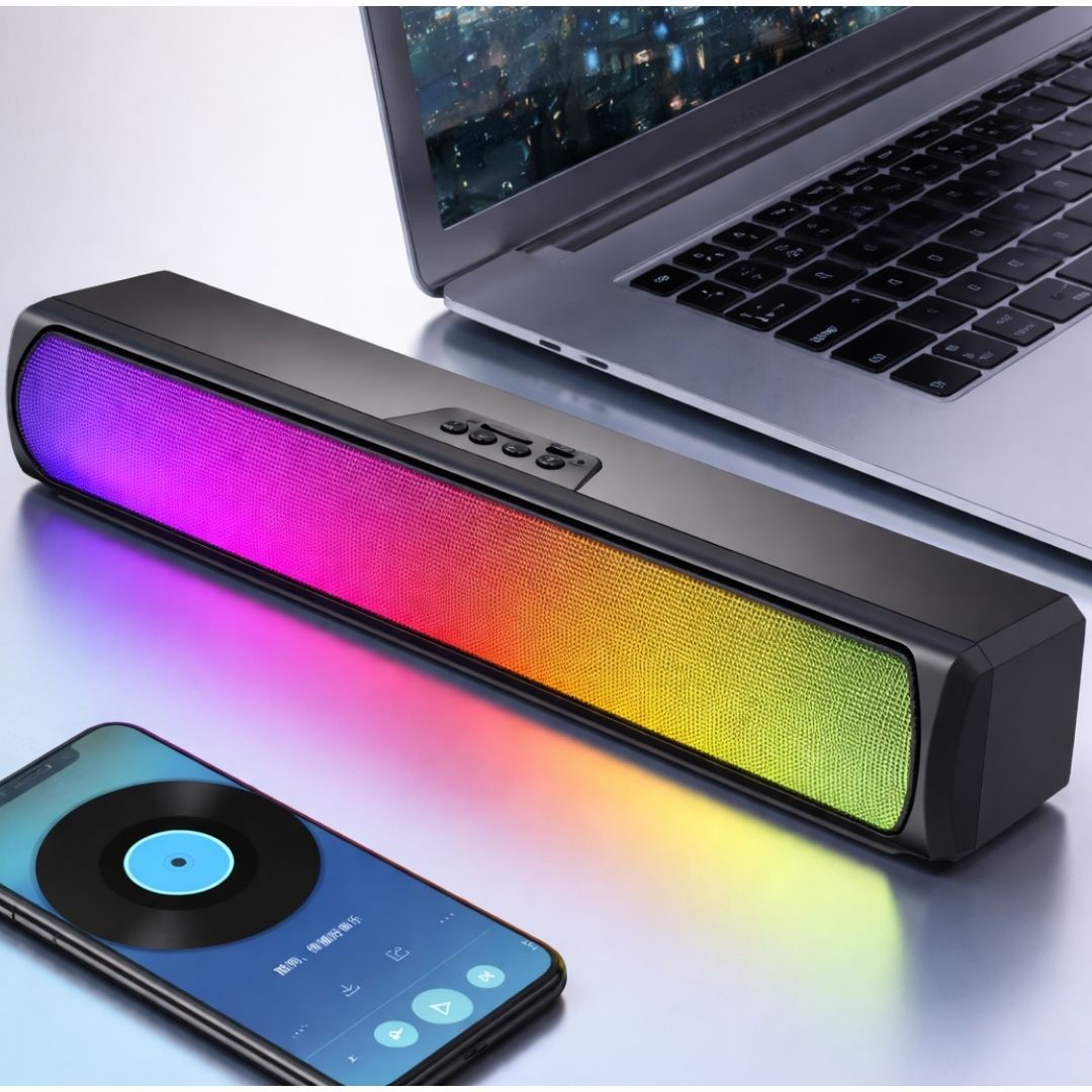 Q4 RGB Mini Wireless Soundbar – Portable Bluetooth Speaker with LED Light Subwoofer Bass Waterproof TF Memory Card HiFi Stereo for TV Phone Laptop Gaming & Outdoor Use Music Box Tablet Sound Bar PC