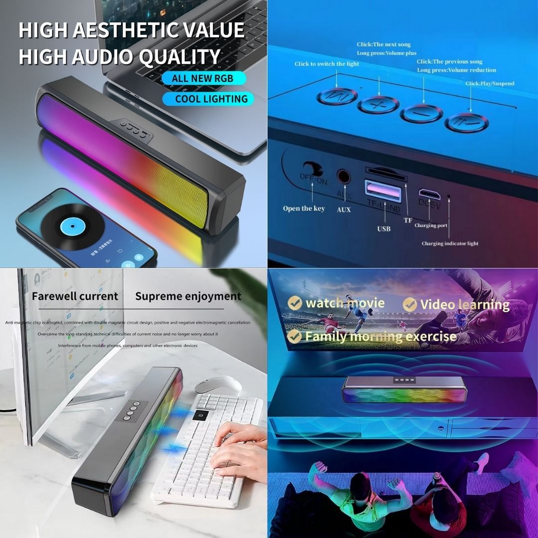 Q4 RGB Mini Wireless Soundbar – Portable Bluetooth Speaker with LED Light Subwoofer Bass Waterproof TF Memory Card HiFi Stereo for TV Phone Laptop Gaming & Outdoor Use Music Box Tablet Sound Bar PC
