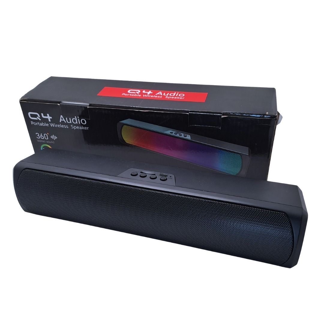 Q4 RGB Mini Wireless Soundbar – Portable Bluetooth Speaker with LED Light Subwoofer Bass Waterproof TF Memory Card HiFi Stereo for TV Phone Laptop Gaming & Outdoor Use Music Box Tablet Sound Bar PC
