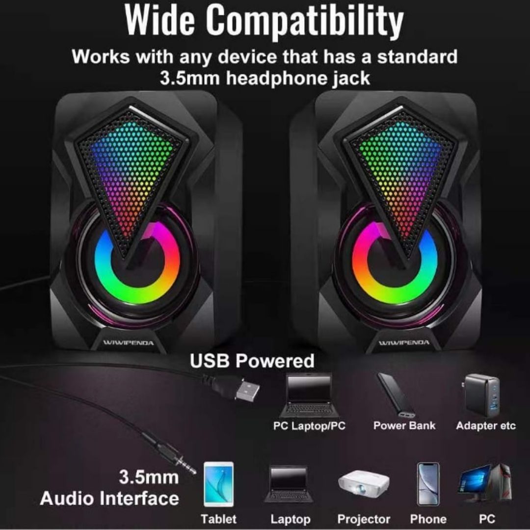 X2 RGB Gaming USB PC Speakers – Stereo 6W Wired Laptop Desktop Mini Subwoofer with LED Lights & AUX Connection 2.0 Channel Game Computer Backlight Audio Rainbow Mobile Phone Black Box Gift Men Office