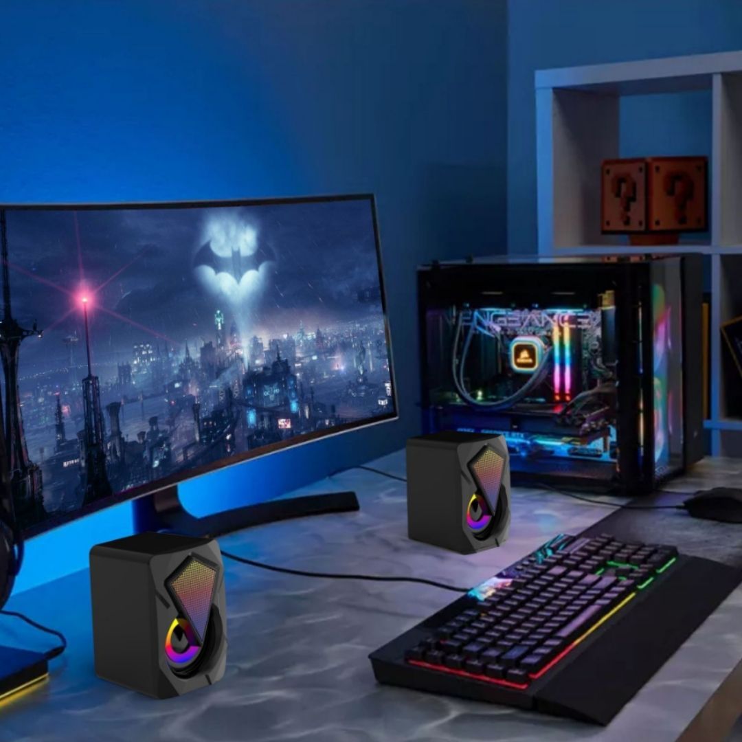 X2 RGB Gaming USB PC Speakers – Stereo 6W Wired Laptop Desktop Mini Subwoofer with LED Lights & AUX Connection 2.0 Channel Game Computer Backlight Audio Rainbow Mobile Phone Black Box Gift Men Office