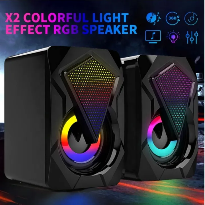 X2 RGB USB Wired PC Speakers - 3W x 2 HiFi Stereo RGB Gaming LED Backlit Multimedia Computer Speakers Build Home Office Desk Top Colorful Lights Laptop Gadget Mobile Phone Monitor Birthday Gift Man