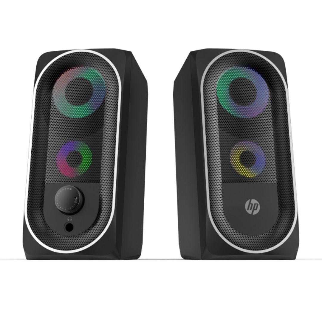 HP DHE-6001 RGB Gaming Speakers – Wired Stereo Sound System with LED Lights Deep Bass Volume Control USB & AUX 6W Output for PC Laptop Desktop Gaming Setup Backlit 3.5 mm Luminous Genuine Cool Gadget
