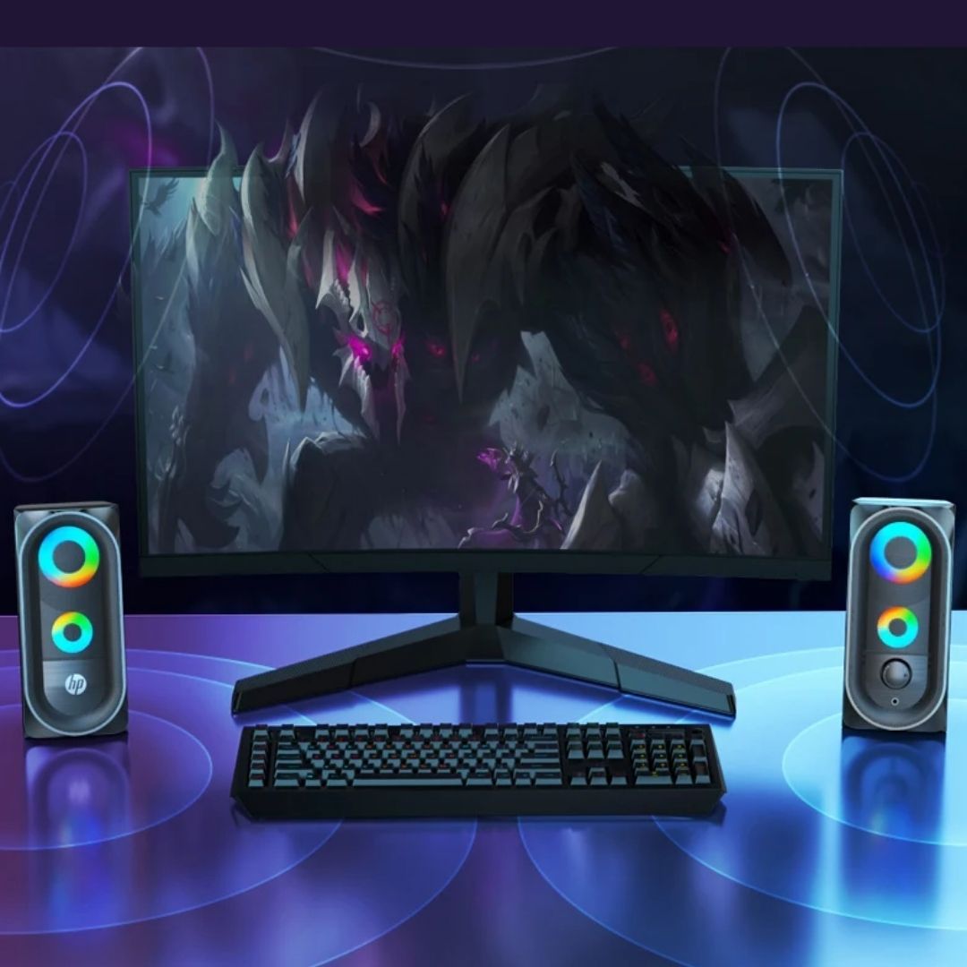 HP DHE-6001 RGB Gaming Speakers – Wired Stereo Sound System with LED Lights Deep Bass Volume Control USB & AUX 6W Output for PC Laptop Desktop Gaming Setup Backlit 3.5 mm Luminous Genuine Cool Gadget