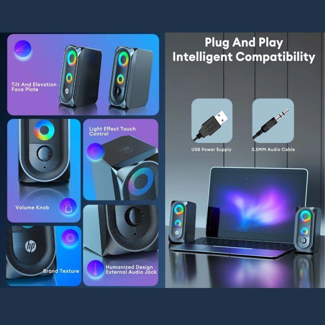 HP DHE-6001 RGB Gaming Speakers – Wired Stereo Sound System with LED Lights Deep Bass Volume Control USB & AUX 6W Output for PC Laptop Desktop Gaming Setup Backlit 3.5 mm Luminous Genuine Cool Gadget
