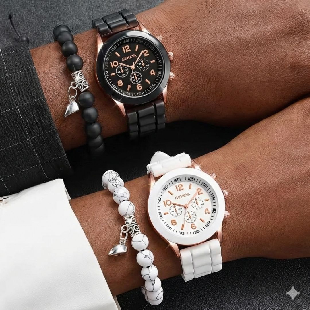 4-in-1 Couples Geneva Quartz Watch & Magnetic Heart Bracelet Gift Set – His & Hers Silicone Pair Watches with Natural Stone Beaded Bracelets Black & White Love Husband Wife Twins Matching Gifts Unisex