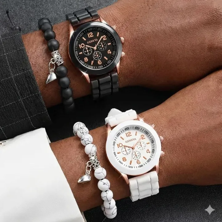 4-in-1 Couples Geneva Quartz Watch & Magnetic Heart Bracelet Gift Set – His & Hers Silicone Pair Watches with Natural Stone Beaded Bracelets Black & White Love Husband Wife Twins Matching Gifts Unisex