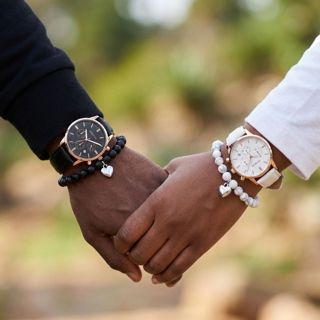 4-in-1 Couples Geneva Quartz Watch & Magnetic Heart Bracelet Gift Set – His & Hers Silicone Pair Watches with Natural Stone Beaded Bracelets Black & White Love Husband Wife Twins Matching Gifts Unisex