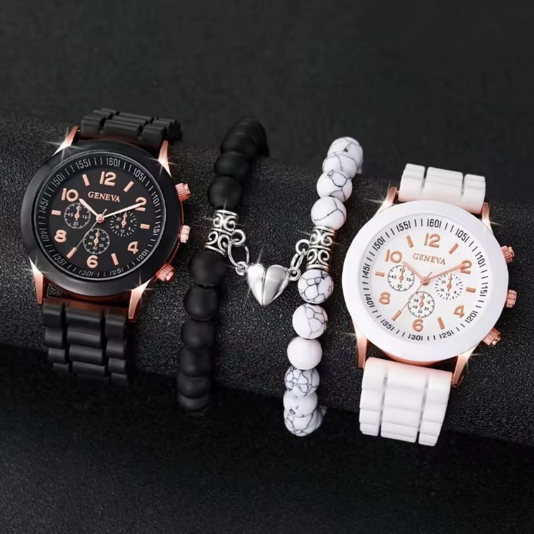 4-in-1 Couples Geneva Quartz Watch & Magnetic Heart Bracelet Gift Set – His & Hers Silicone Pair Watches with Natural Stone Beaded Bracelets Black & White Love Husband Wife Twins Matching Gifts Unisex