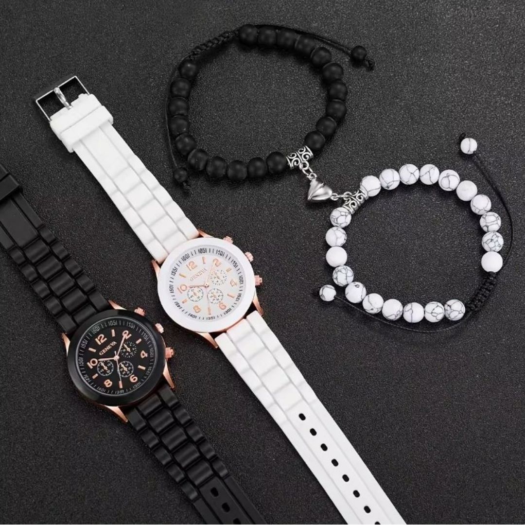 4-in-1 Couples Geneva Quartz Watch & Magnetic Heart Bracelet Gift Set – His & Hers Silicone Pair Watches with Natural Stone Beaded Bracelets Black & White Love Husband Wife Twins Matching Gifts Unisex