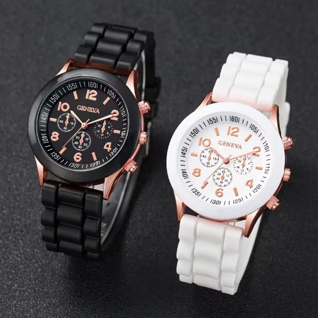4-in-1 Couples Geneva Quartz Watch & Magnetic Heart Bracelet Gift Set – His & Hers Silicone Pair Watches with Natural Stone Beaded Bracelets Black & White Love Husband Wife Twins Matching Gifts Unisex