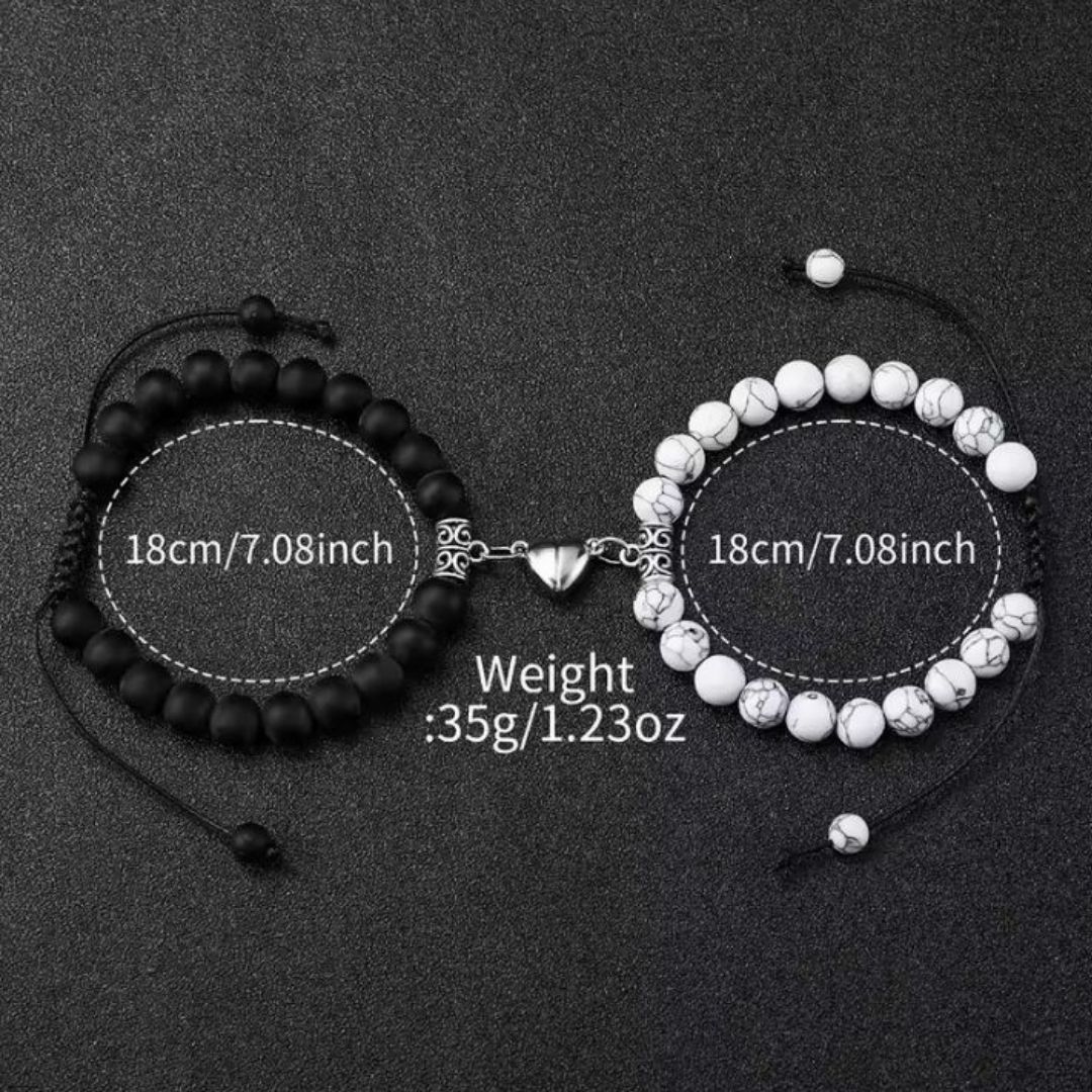 4-in-1 Couples Geneva Quartz Watch & Magnetic Heart Bracelet Gift Set – His & Hers Silicone Pair Watches with Natural Stone Beaded Bracelets Black & White Love Husband Wife Twins Matching Gifts Unisex