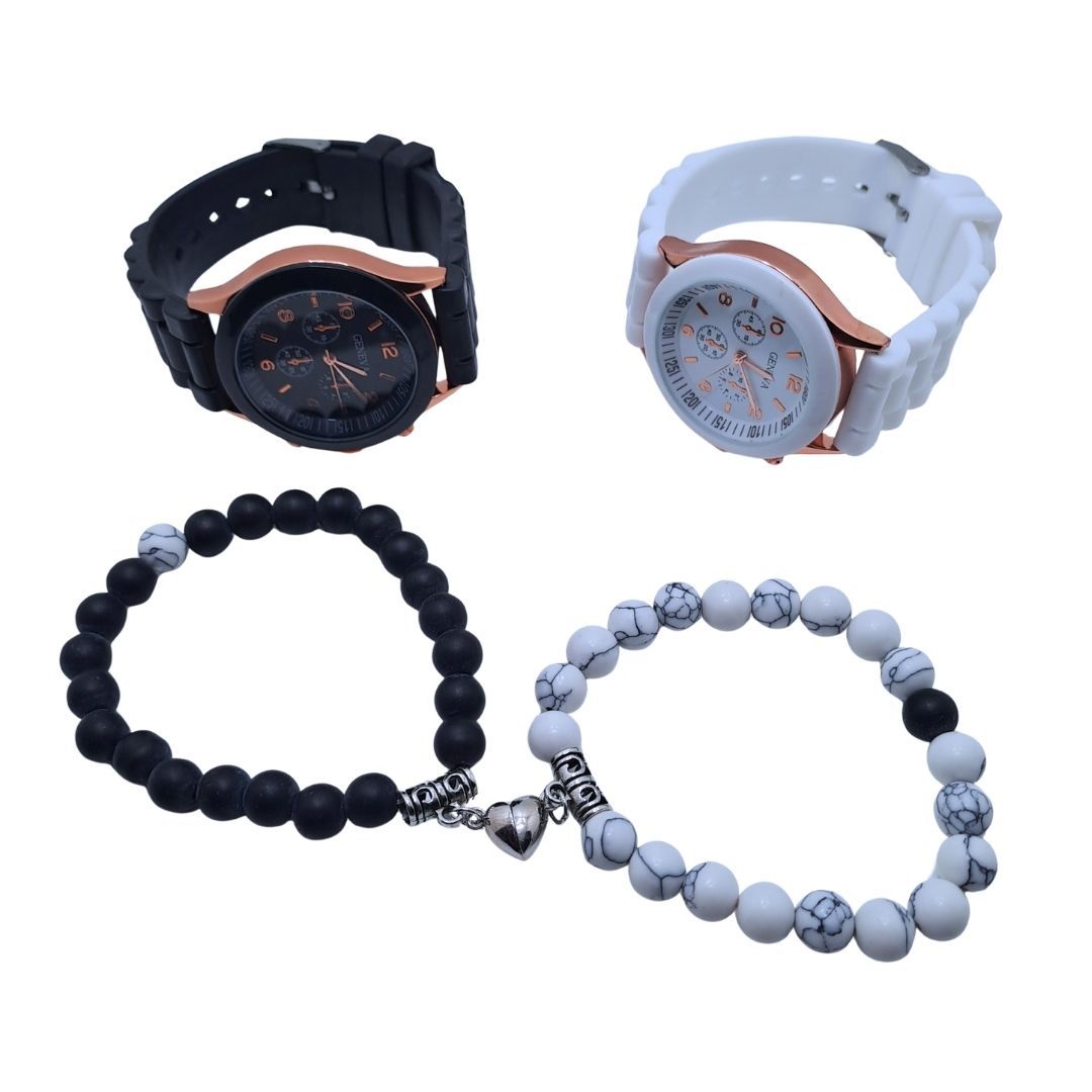 4-in-1 Couples Geneva Quartz Watch & Magnetic Heart Bracelet Gift Set – His & Hers Silicone Pair Watches with Natural Stone Beaded Bracelets Black & White Love Husband Wife Twins Matching Gifts Unisex