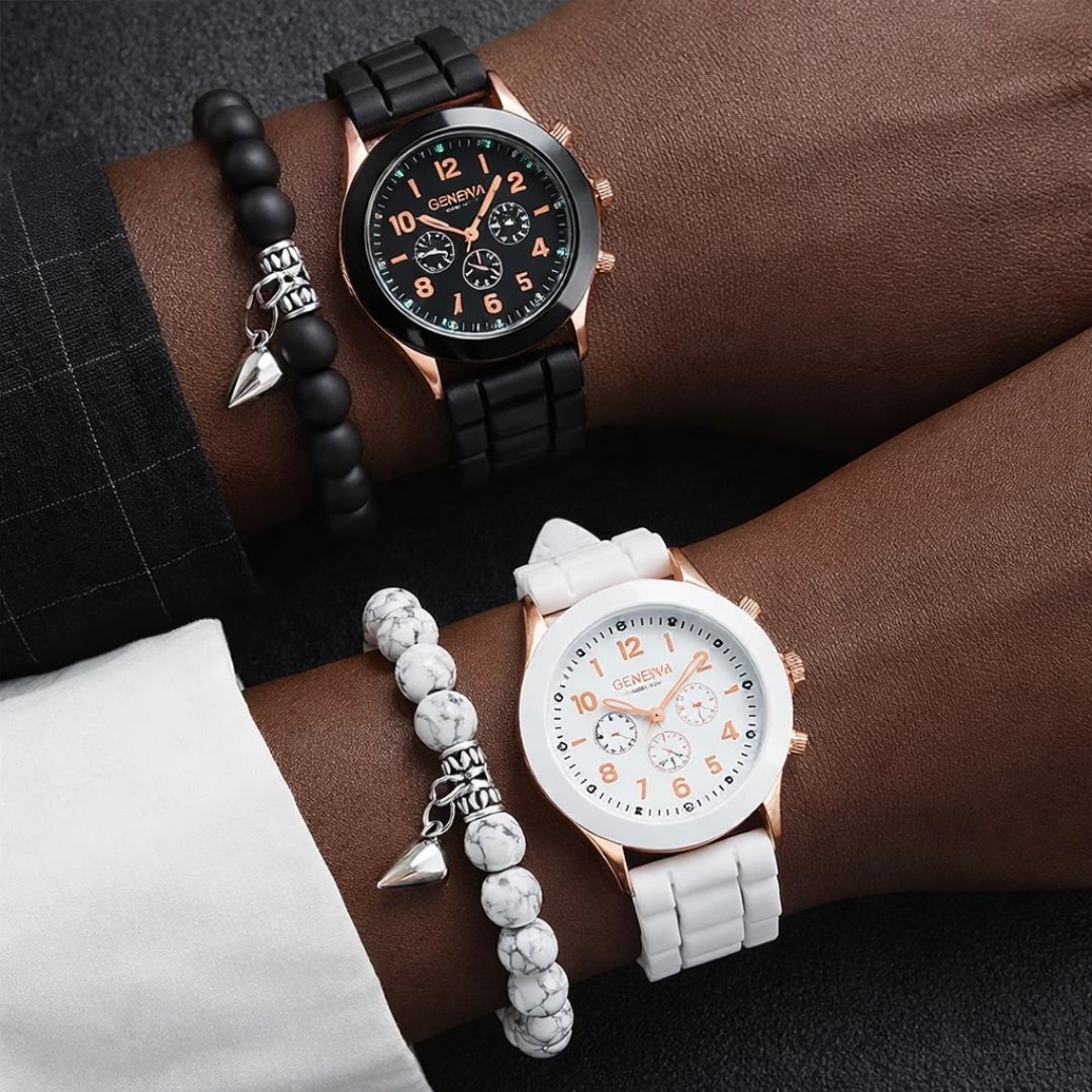 4 Piece Couples Matching Geneva Quartz Watch & Magnetic Heart Bracelet Gift Set - Matching Black & White Jewelry Watches Natural Stone Wrist Band for Him Her Boyfriend Girlfriend Brother Sister Gifts