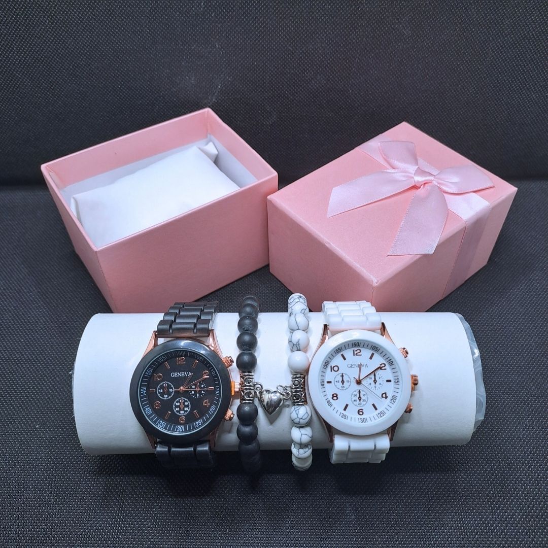 4 Piece Couples Matching Geneva Quartz Watch & Magnetic Heart Bracelet Gift Set - Matching Black & White Jewelry Watches Natural Stone Wrist Band for Him Her Boyfriend Girlfriend Brother Sister Gifts