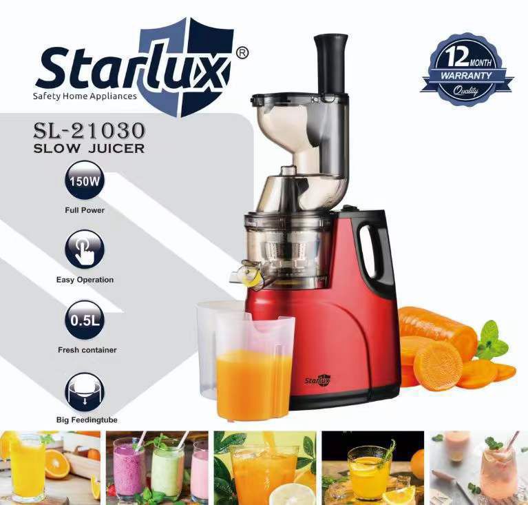 *Starlux Slow Juicer 

🔗Model: SL-21030
🔗0.5Ltrs Juice Container
🔗0.5Ltrs Pulp Container
🔗150 Watts
🔗Anti-Skid Silicone Base